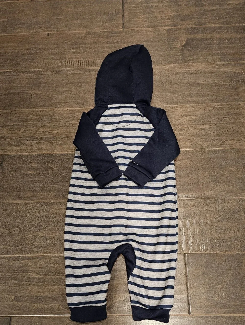 Nike Navy & Gray Striped Hooded One-Piece Romper Onesie with Red Zipper
